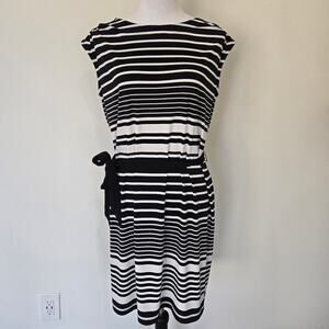 LOFT Black & White Striped Knee-length Dress Cap Sleeves Stretchy Size S Office